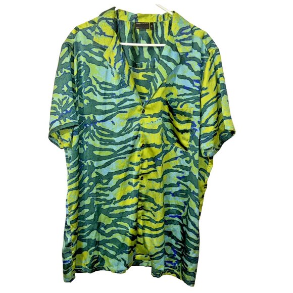 Asos Design Mens Satin Green Zebra Stripe Short Sleeve Button Up Size 2XL - Picture 1 of 5